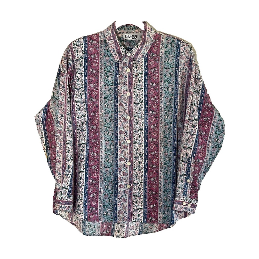 Colorful Floral Striped Shirt L Cottage Western Country Farm Paisley Retro 80s